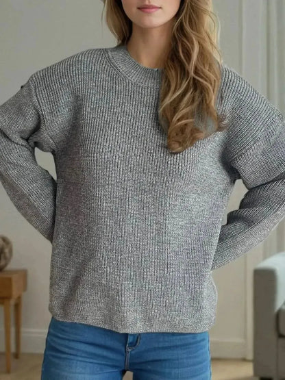 Solid Color Round Neck Long Sleeve Sweater - Bad Moms Club