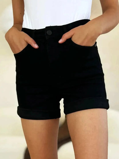 Judy Blue Full Size High Waist Tummy Control Cuffed Denim Shorts - Bad Moms Club