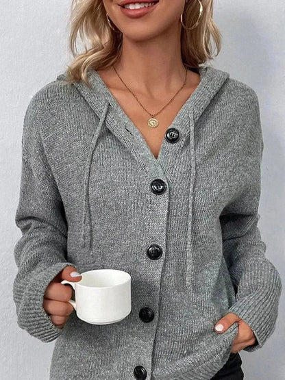 Drawstring Button Up Hooded Cardigan - Bad Moms Club