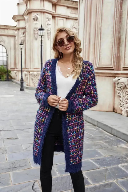 Multicolored Ribbed Trim Open Front Cardigan with Pockets - Bad Moms Club