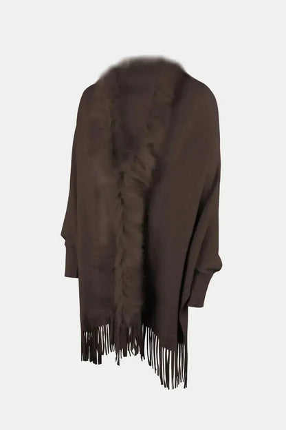 Fringe Open Front Long Sleeve Poncho - Bad Moms Club