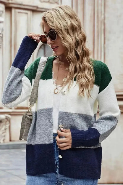 Woven Right Color Block V-Neck Button Down Cardigan - Bad Moms Club