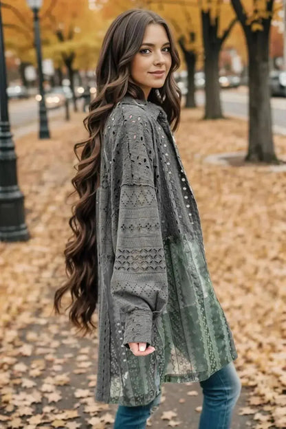Openwork Button Up Long Sleeve Shacket - Bad Moms Club