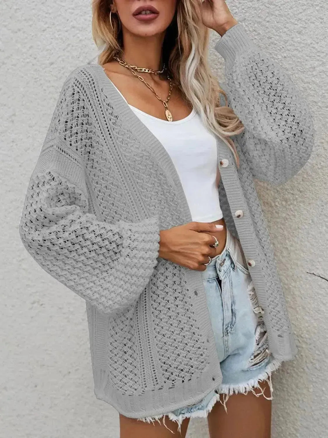 Openwork Button Front Cardigan - Bad Moms Club