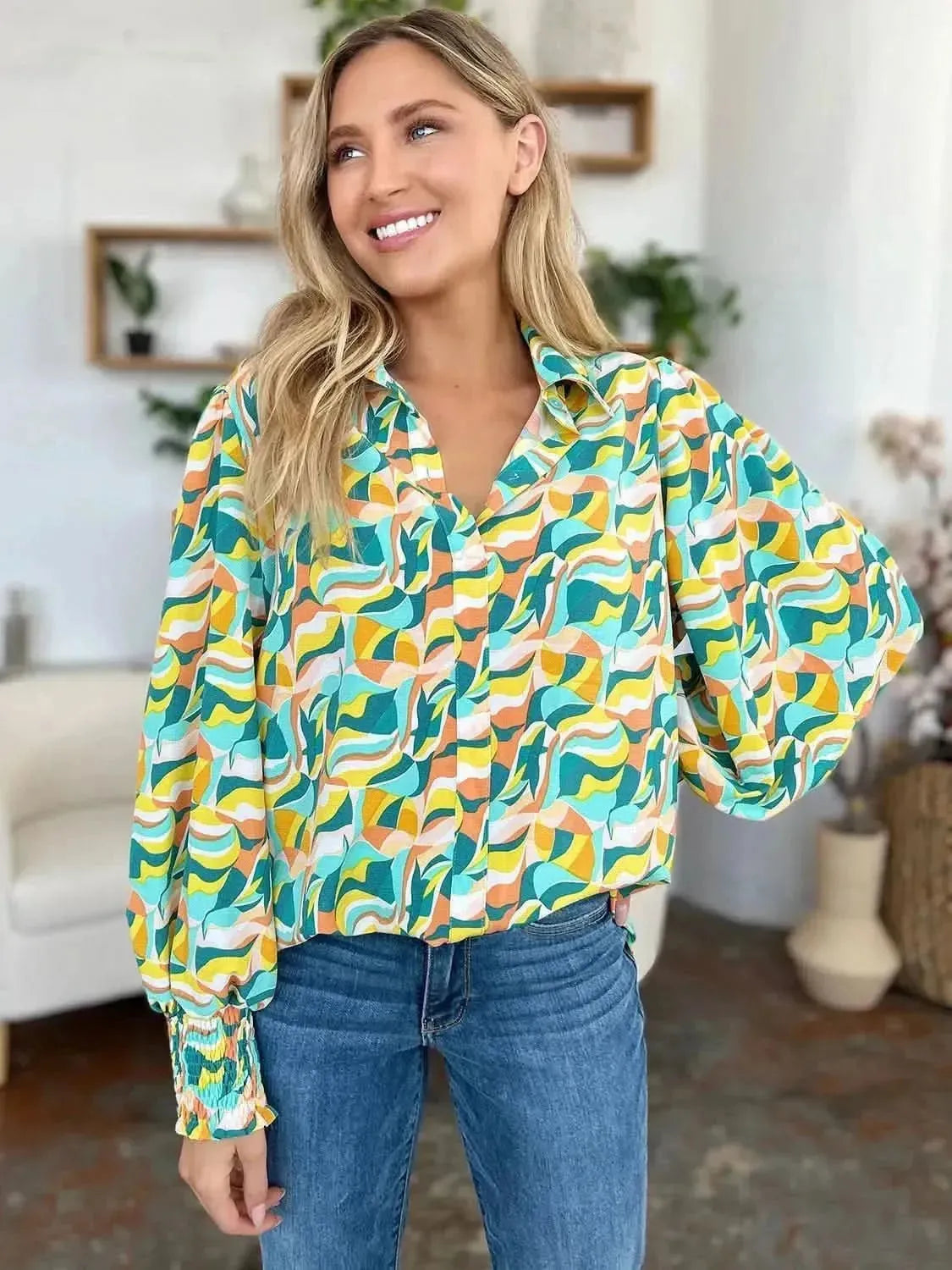 Double Take Full Size Printed Smocked Long Sleeve Blouse - Bad Moms Club