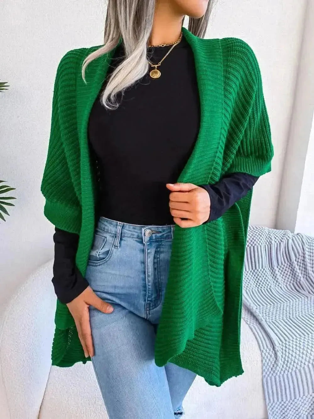 Horizontal Ribbing Open Front Slit Cardigan - Bad Moms Club