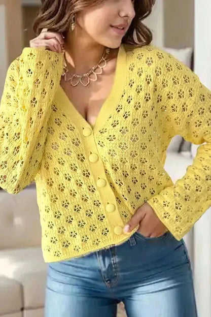 Openwork V-Neck Long Sleeve Cardigan - Bad Moms Club