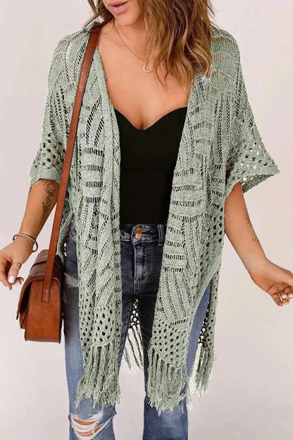 Openwork Open Front Cardigan with Fringes - Bad Moms Club