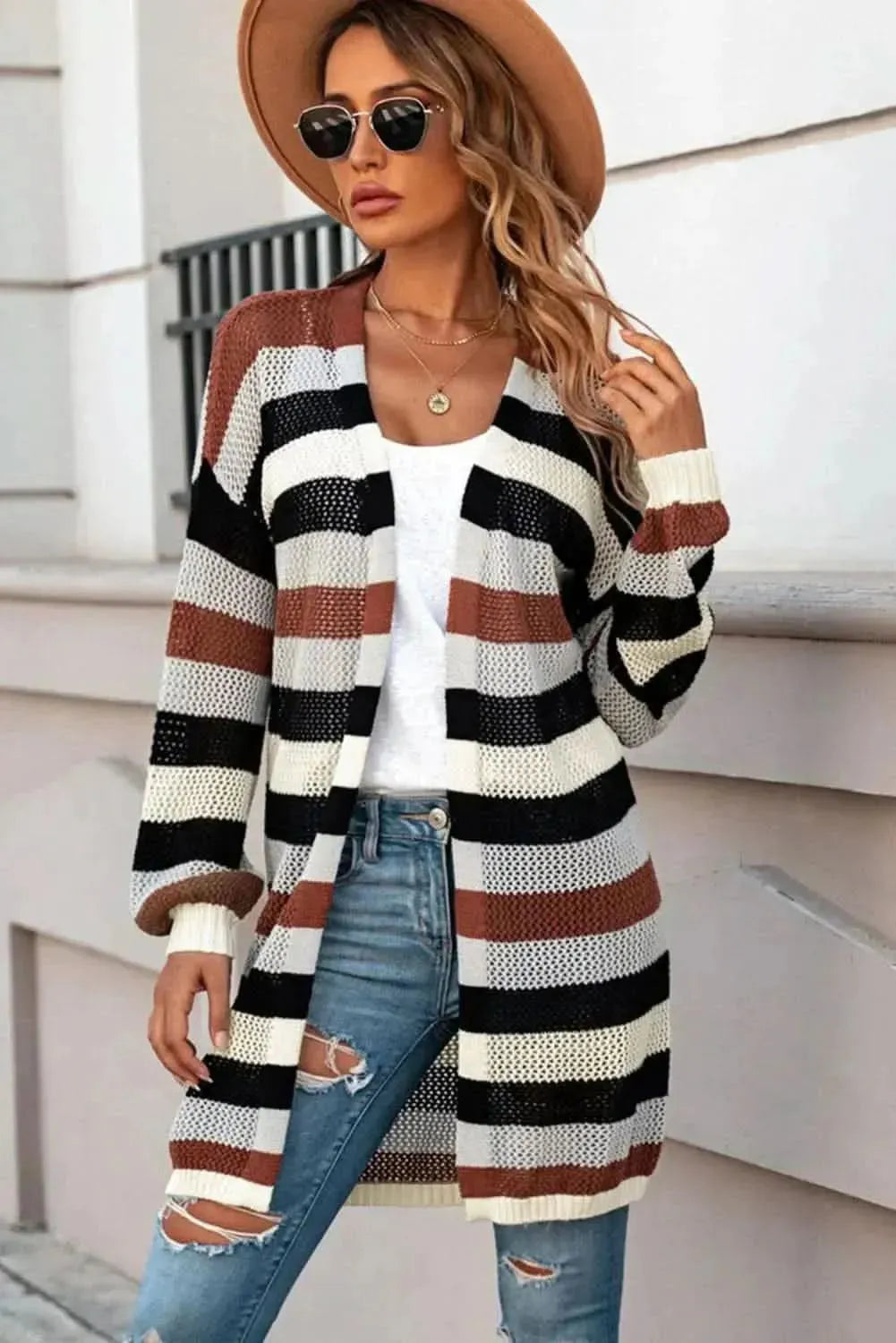 Full Size Striped Long Sleeve Openwork Cardigan - Bad Moms Club