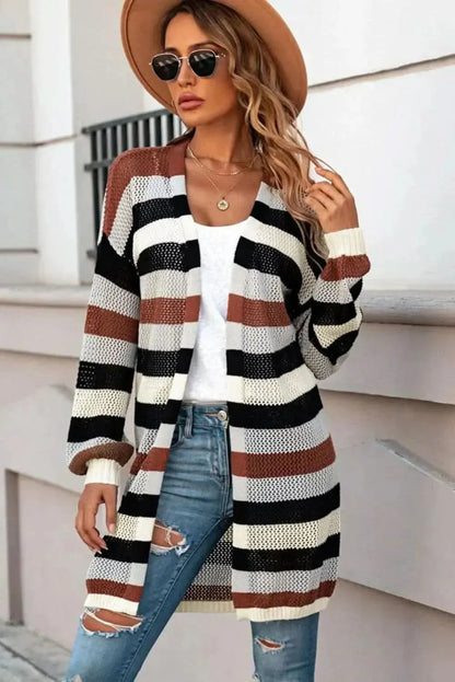 Full Size Striped Long Sleeve Openwork Cardigan - Bad Moms Club