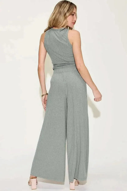 Basic Bae Full Size Ribbed Tank and Wide Leg Pants Set - Bad Moms Club