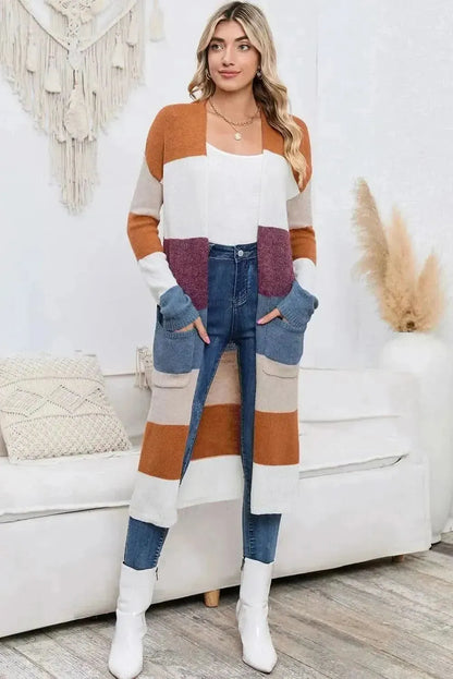 Long Color Block Open Front Pocketed Cardigan - Bad Moms Club