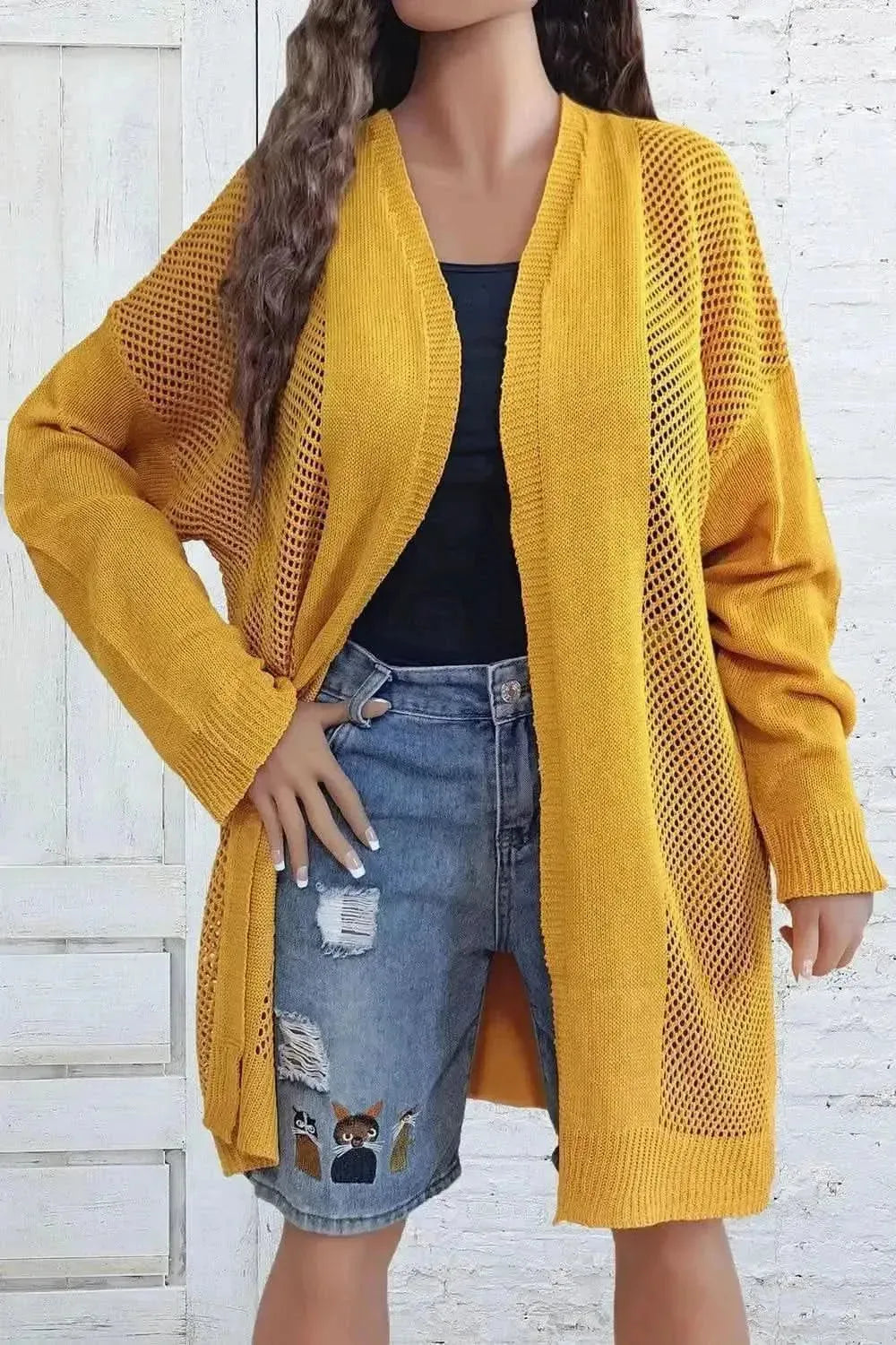 Plus Size Openwork Long Sleeve Open Front Cardigan - Bad Moms Club