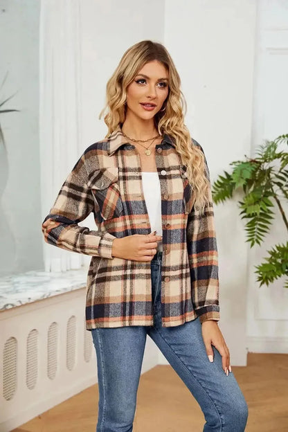Button Down Collared Plaid Shacket - Bad Moms Club