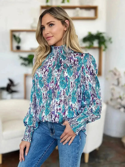 Double Take Full Size Printed Smocked Long Sleeve Blouse - Bad Moms Club