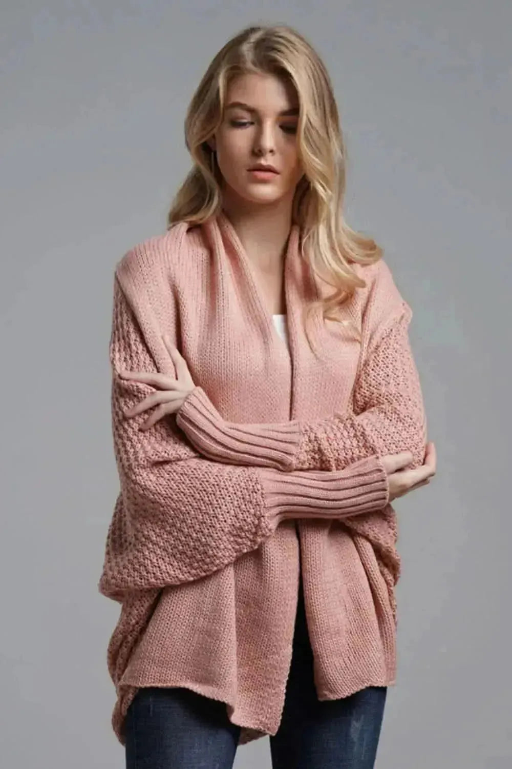 Dolman Sleeve Open Front Ribbed Trim Longline Cardigan - Bad Moms Club