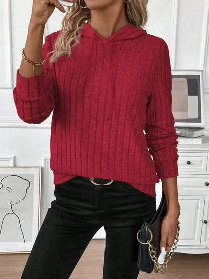 Drawstring Ribbed Long Sleeve Hoodie - Bad Moms Club