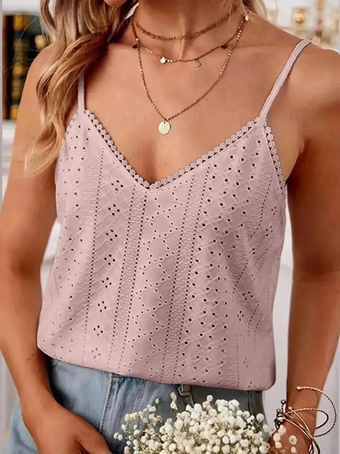 Eyelet Lace Detail V-Neck Cami - Bad Moms Club