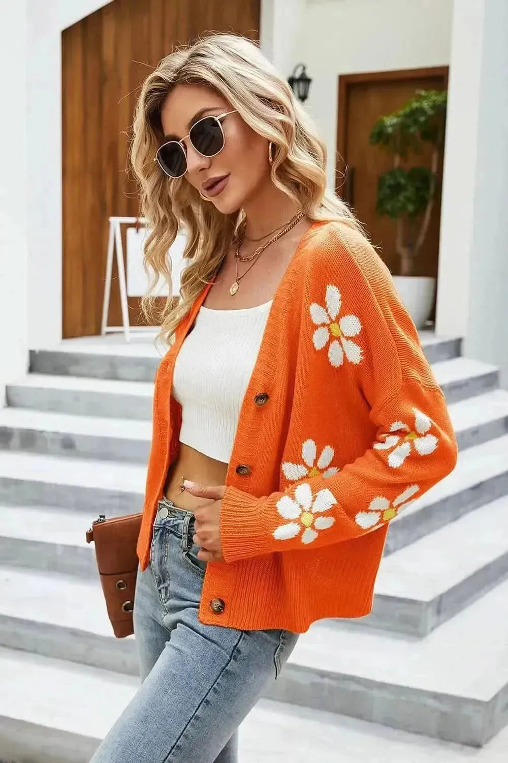 Flower Pattern Button Front Cardigan - Bad Moms Club