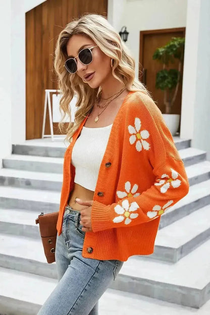 Flower Pattern Button Front Cardigan - Bad Moms Club