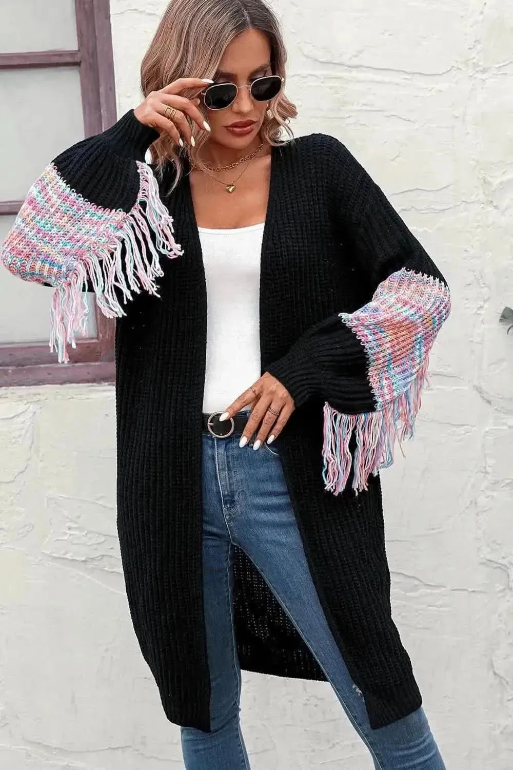Fringe Sleeve Dropped Shoulder Cardigan - Bad Moms Club