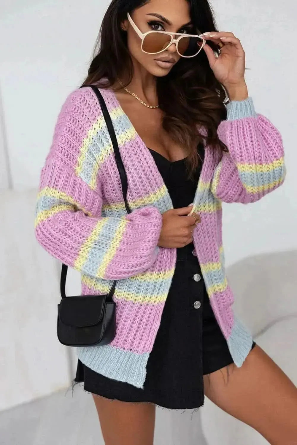 Striped Lantern Sleeve Dropped Shoulder Cardigan - Bad Moms Club