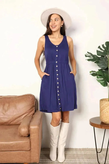Double Take Button Front Empire Waist Sleeveless Slit Magic Dress - Bad Moms Club