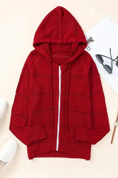 Zip-Up Raglan Sleeve Openwork Hooded Cardigan - Bad Moms Club