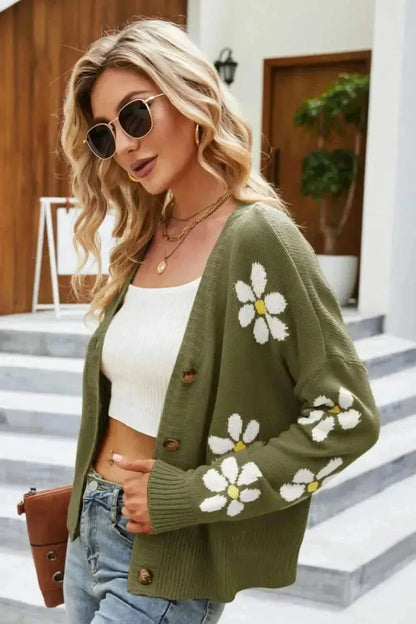 Floral Ribbed Trim Drop Shoulder Cardigan - Bad Moms Club