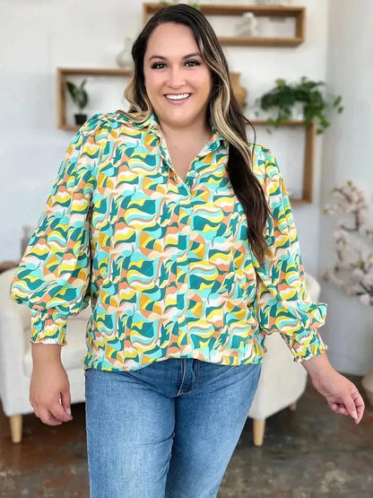 Double Take Full Size Printed Smocked Long Sleeve Blouse - Bad Moms Club