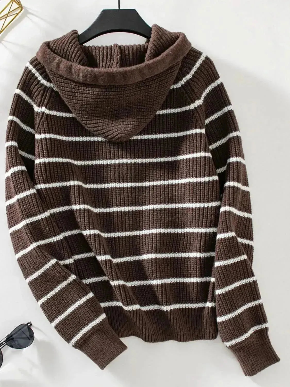 Striped Button Up Long Sleeve Hooded Cardigan - Bad Moms Club