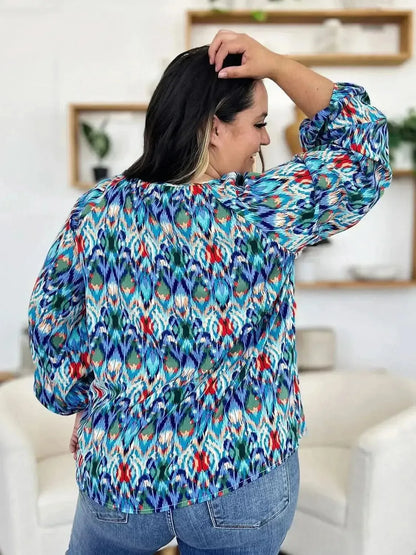 Double Take Full Size Printed Balloon Sleeve Blouse - Bad Moms Club
