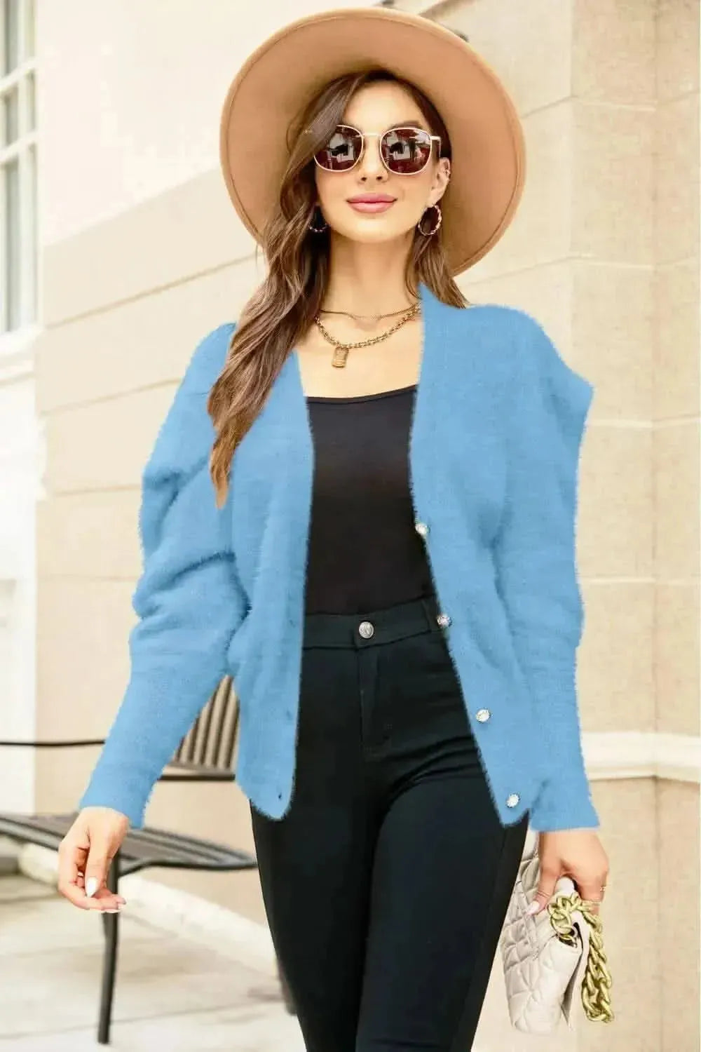 Woven Right Puff Sleeve V-Neck Fuzzy Cardigan - Bad Moms Club