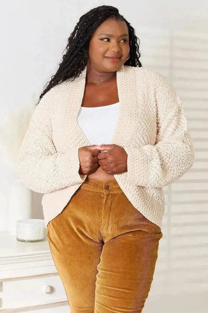 Double Take Open Front Long Sleeve Cardigan - Bad Moms Club