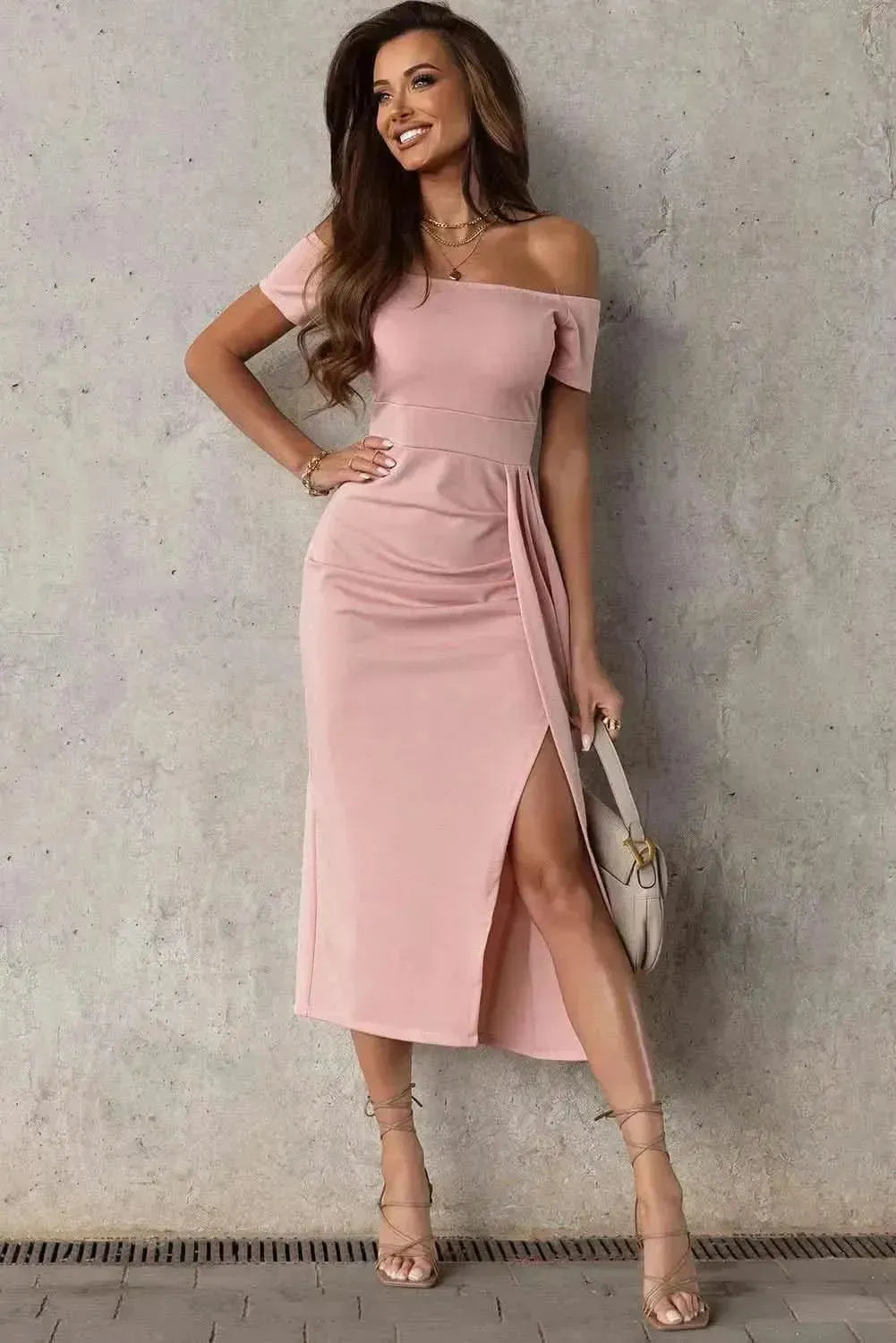Off-Shoulder Short Sleeve Split Dress - Bad Moms Club