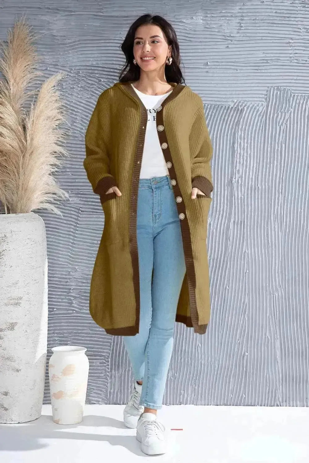 Button Up Contrast Trim Hooded Cardigan - Bad Moms Club