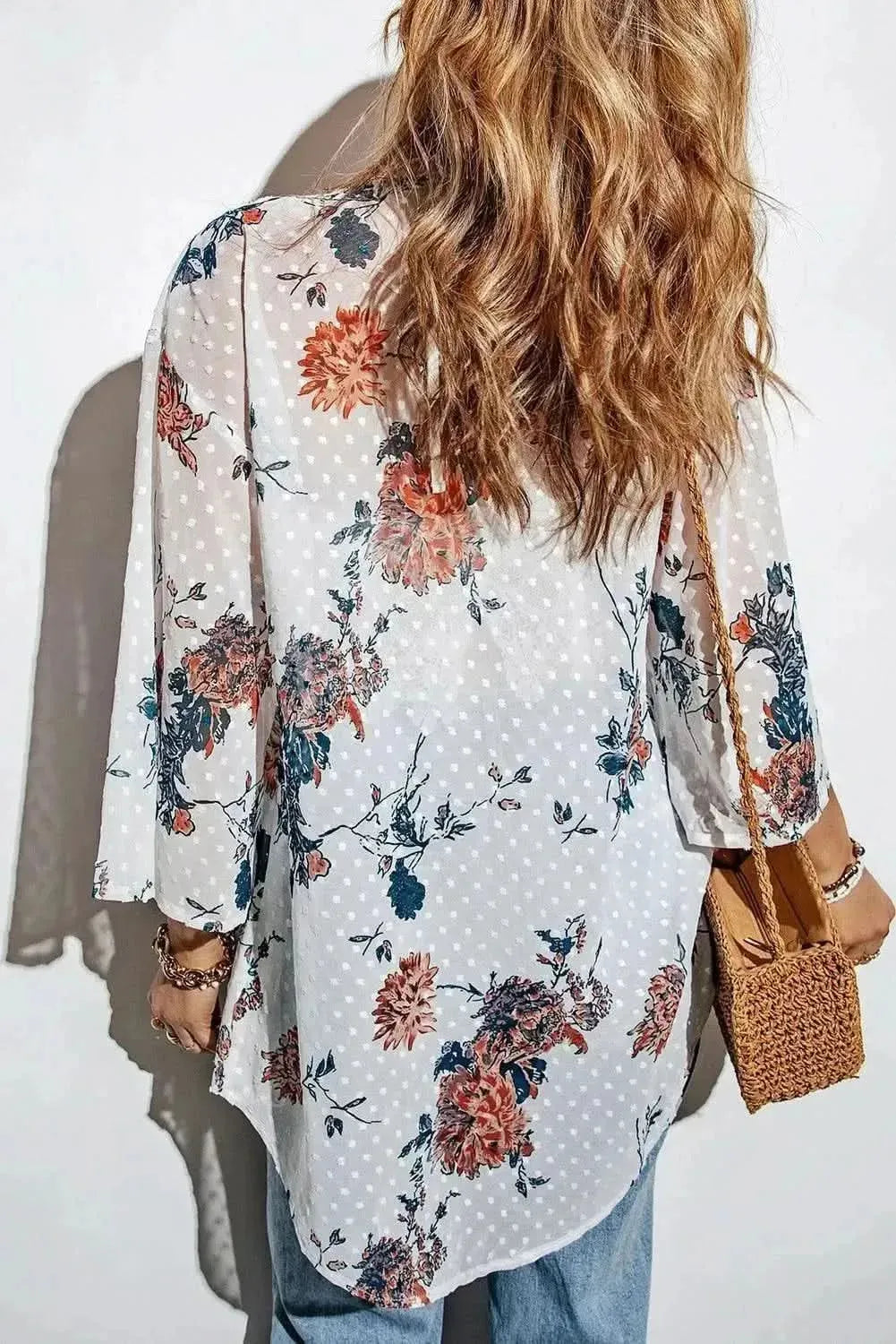 Floral Three-Quarter Sleeve Open Front Cardigan - Bad Moms Club