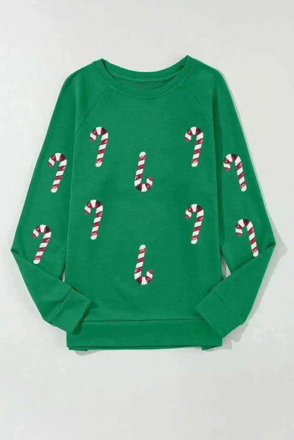 Candy Cane Round Neck Long Sleeve Sweatshirt - Bad Moms Club