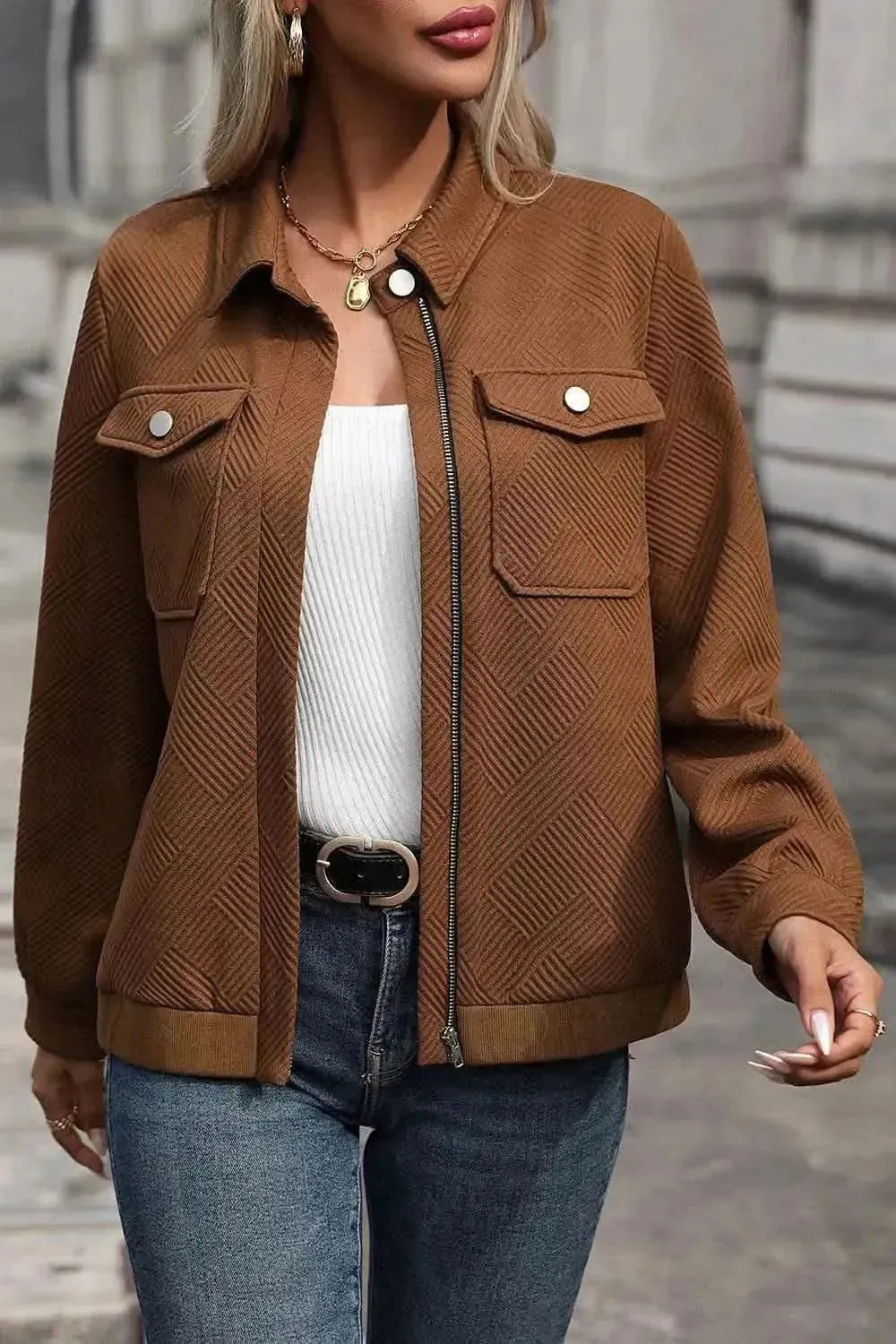Textured Zip Up Collared Neck Jacket - Bad Moms Club