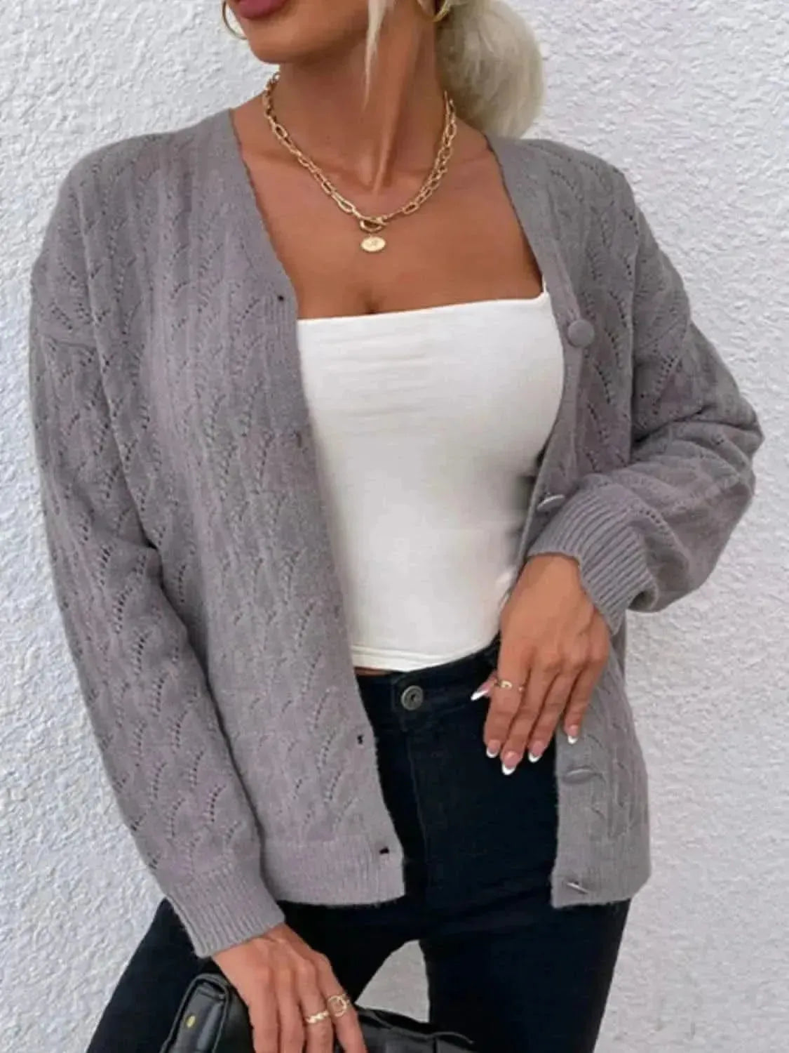 Openwork Button Up Dropped Shoulder Cardigan - Bad Moms Club