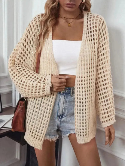 Openwork Open Front Long Sleeve Cardigan - Bad Moms Club
