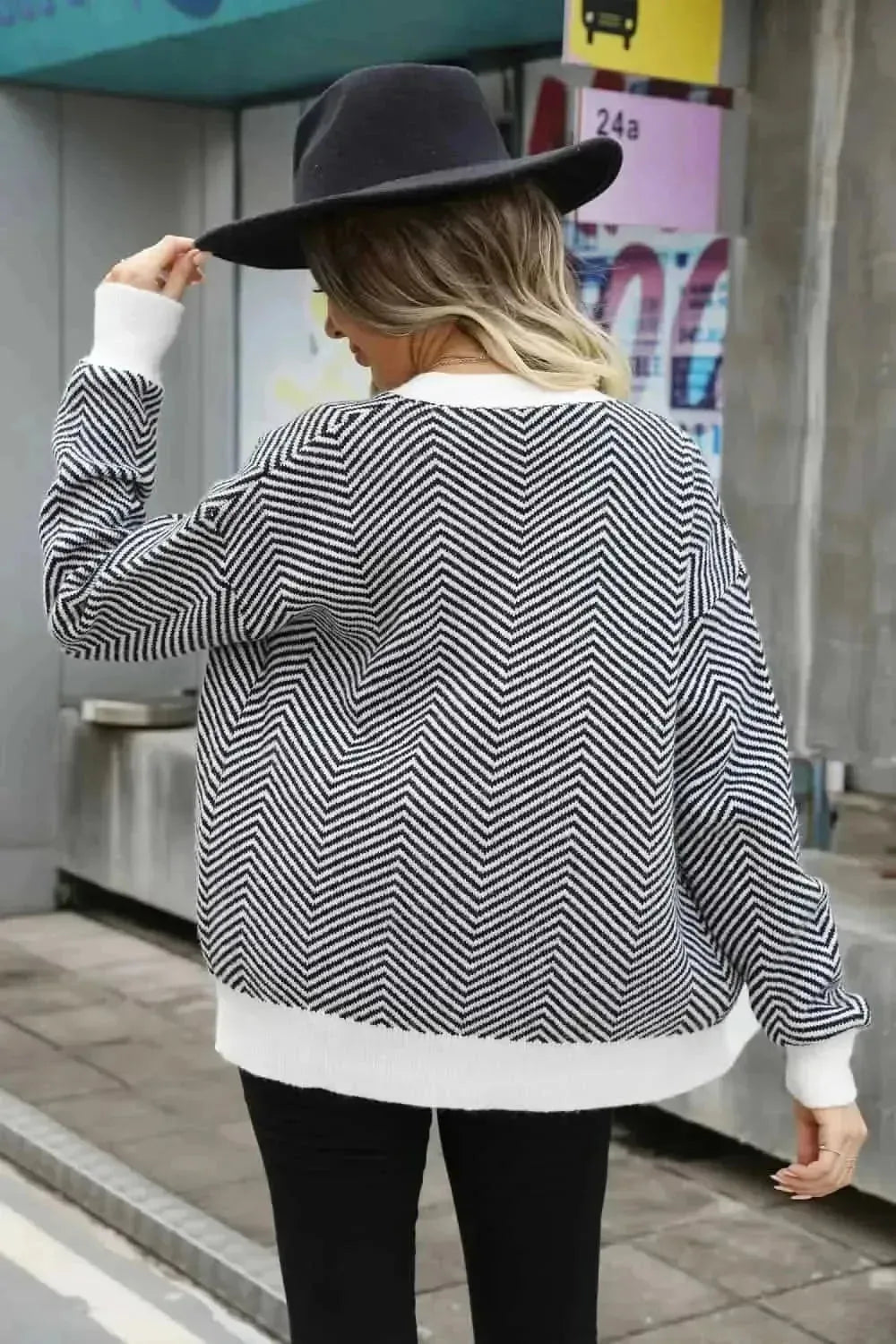 Striped V-Neck Dropped Shoulder Button-Up Cardigan - Bad Moms Club
