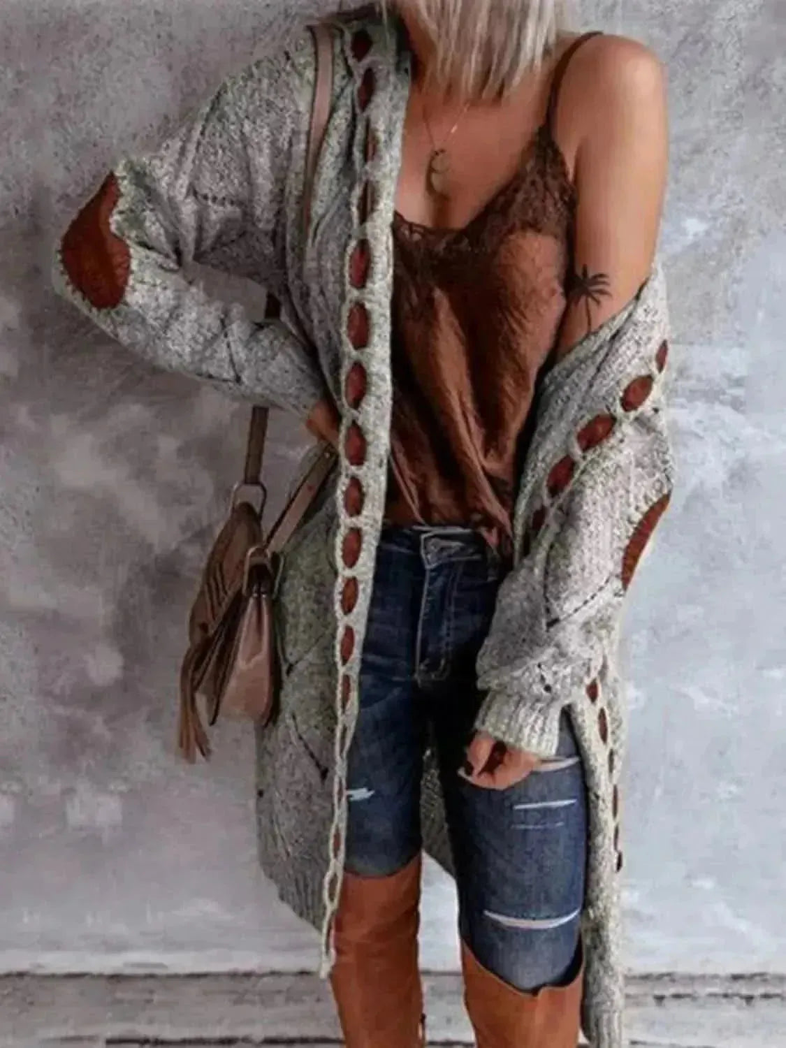 Openwork Long Sleeve Open Front Hooded Cardigan - Bad Moms Club