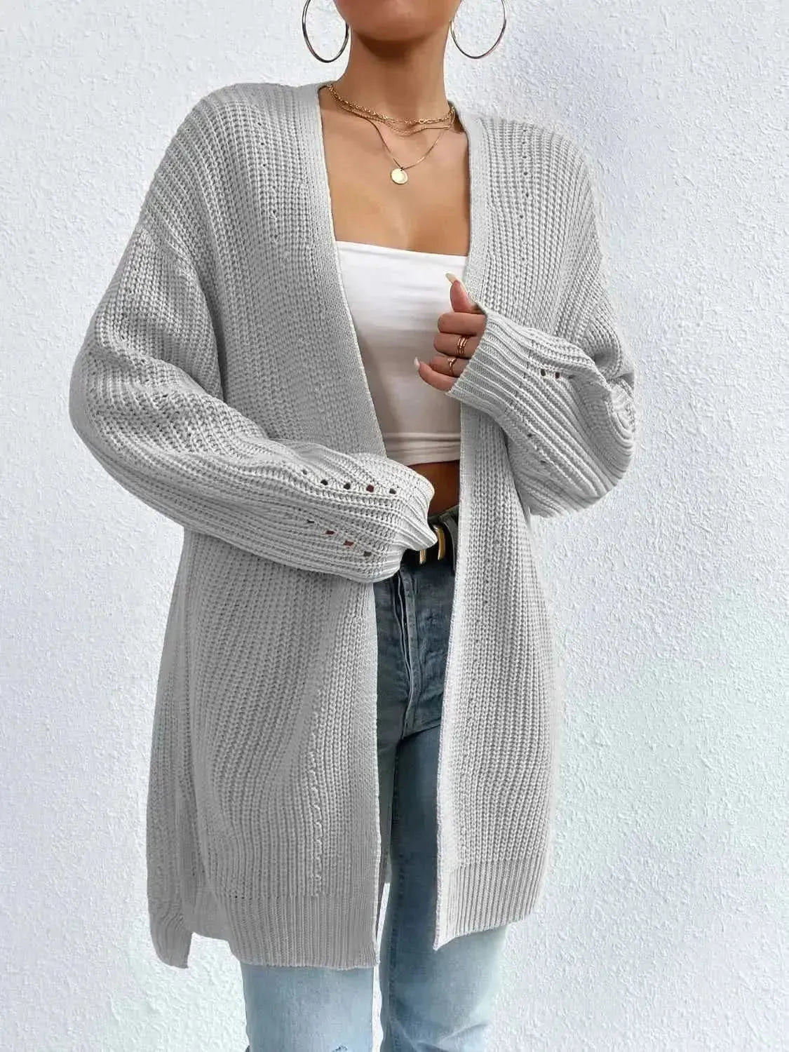 Open Front Dropped Shoulder Slit Cardigan - Bad Moms Club