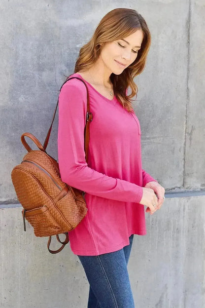 Basic Bae Full Size V-Neck Long Sleeve Top - Bad Moms Club