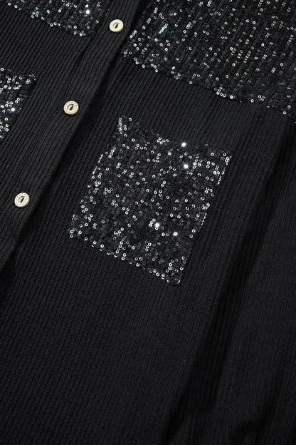 Sequin Button Up Dropped Shoulder Jacket - Bad Moms Club