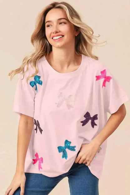 BiBi Sequin Bow Patch Short Sleeve T-Shirt - Bad Moms Club