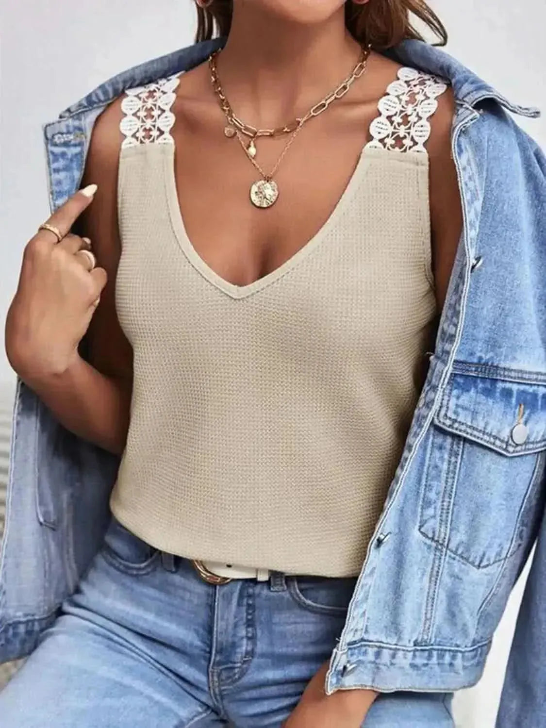 Full Size Lace Detail V-Neck Tank - Bad Moms Club