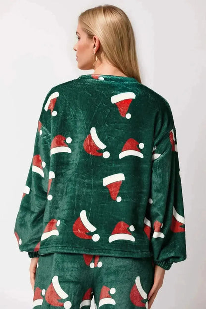 Christmas Hat Pattern Round Neck Long Sleeve Top and Pants Set - Bad Moms Club