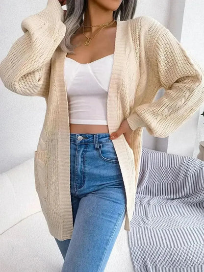Cable-Knit Open Front Pocketed Cardigan - Bad Moms Club